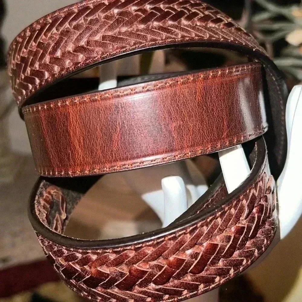 Men’s Brown Leather Braided Solid Belt with Solid Brass Buckle Size 42